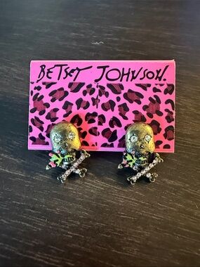 Betsey Johnson Gold Skull Stud Earrings with Pink & Green Accents